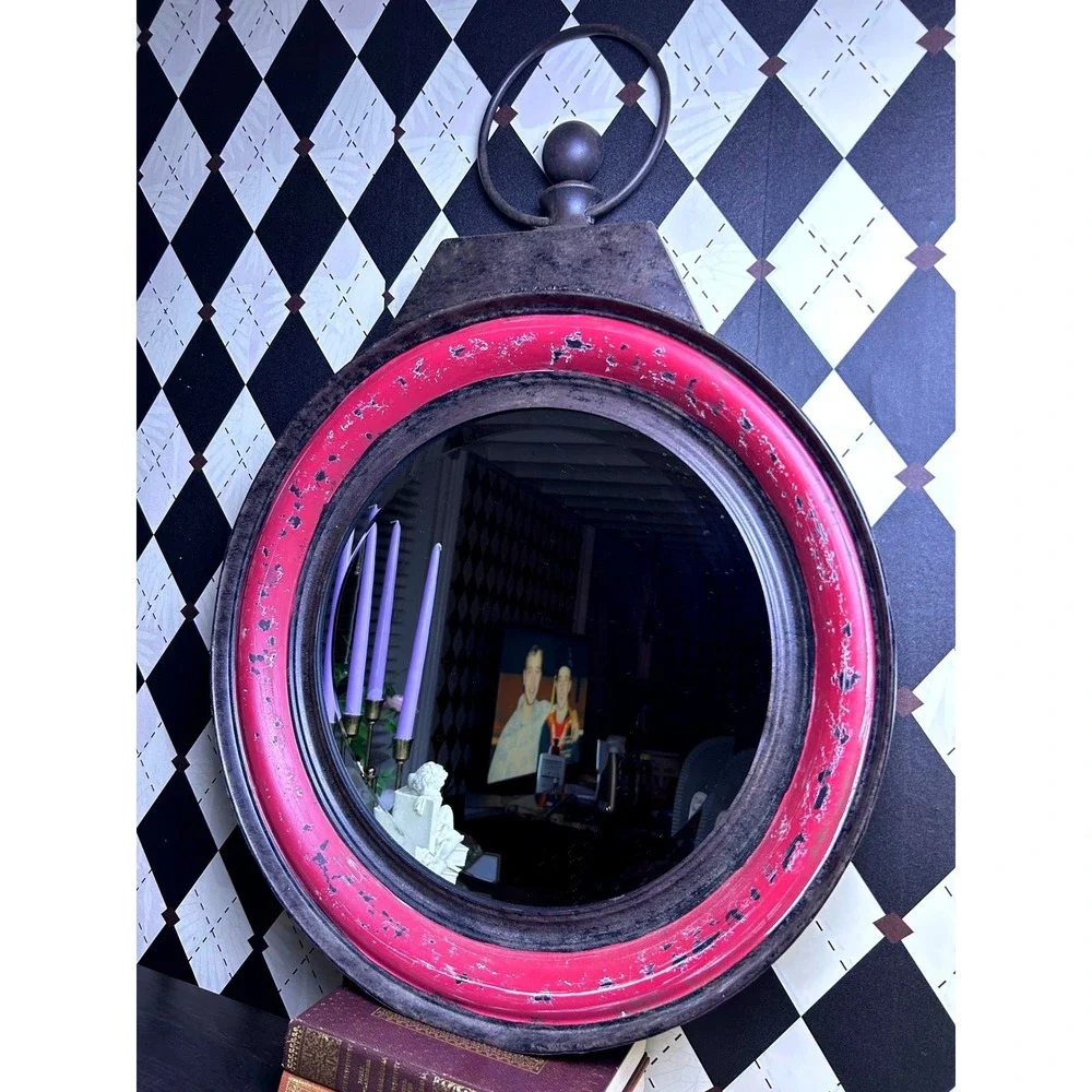 Oversized Industrial Round Mirror Distressed Berry Metal Wall Accent 24